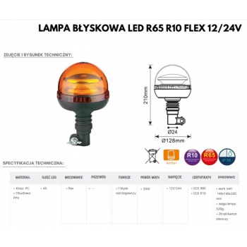 LAMPA BŁYSKOWA OSTRZEGAWCZA KOGUT LED TRZPIEŃ 24V