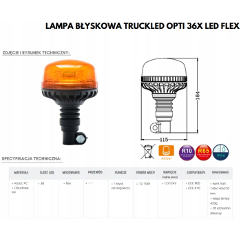 LAMPA BŁYSKOWA KOGUT 36 LED 12/24V + TRZPIEŃ TYP O