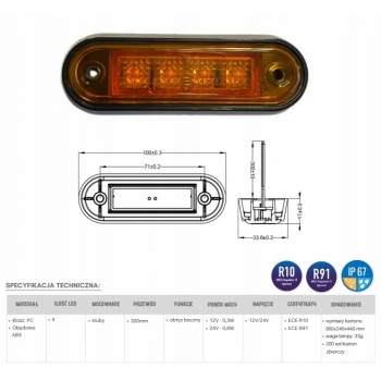 LAMPA OBRYSOWA ŻÓŁTA LEDOWA BOCZNA 12/24V 4xLED
