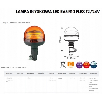 LAMPA BŁYSKOWA KOGUT 36 LED 12/24V FLEX + TRZPIEŃ TYP O MOCOWANIE LAMPY