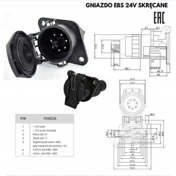 GNIAZDO ELEKTRYCZNE EBS ABS 24V SKRĘCANE 7 PINÓW DO NACZEPY TIR