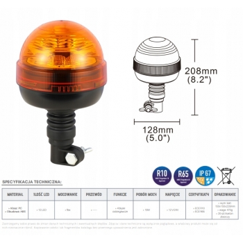 LAMPA OSTRZEGAWCZA KOGUT LED NA TRZPIEŃ FLEX błyskowa 4 TRYBY PRACY BŁYSKI